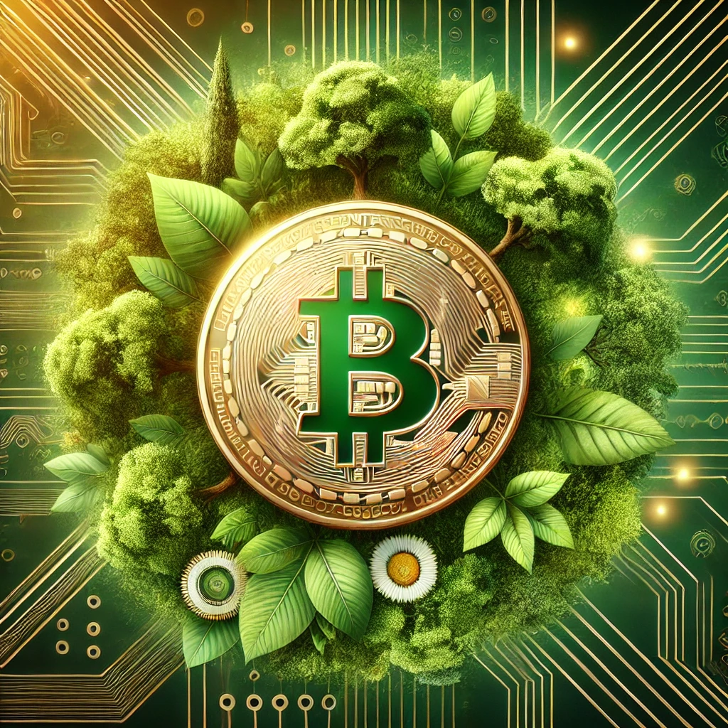 Symbole du Bitcoin entouré de motifs écologiques, incluant des feuilles vertes et des éléments naturels, combinés à des motifs numériques.