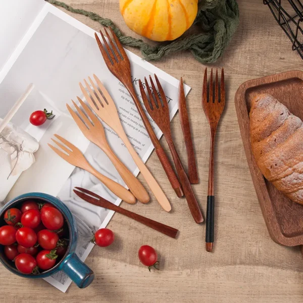 Fourchette en bois de bambou pour cuisine, ustensile de table, idéale pour desserts, salades, cadeau de maison – Image 3